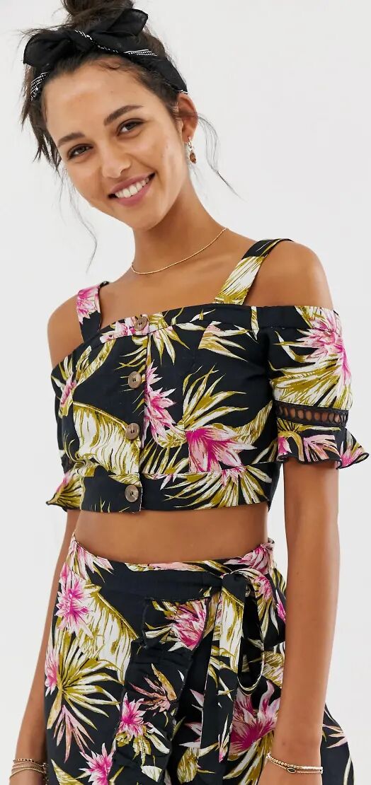 River Island beach crop top with cold shoulder in tropical-Multi  Multi