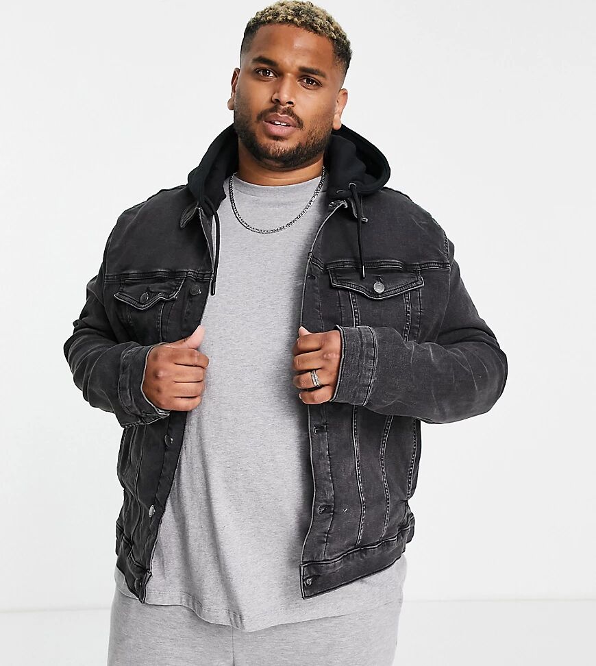 River Island Big & Tall hooded denim jacket in black  Black