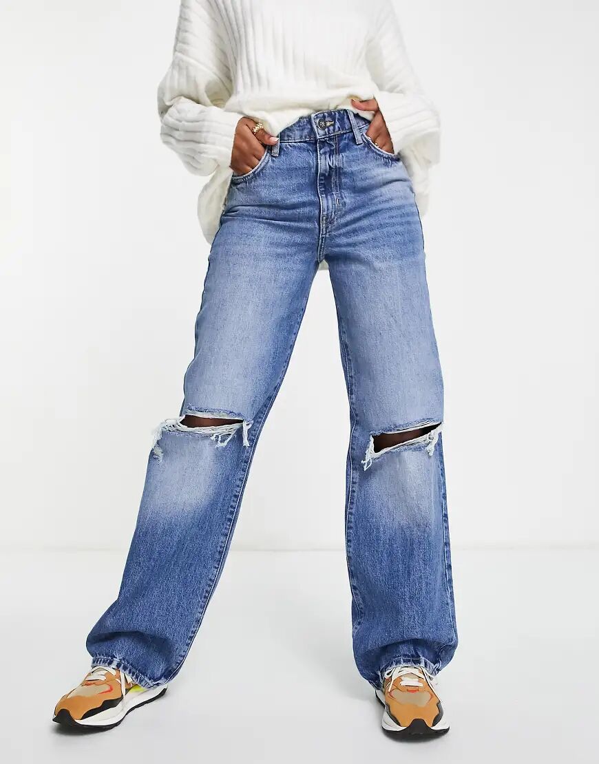 River Island dad jean with knee rips in medium denim-Blue  Blue