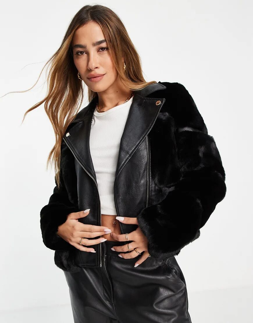 River Island faux fur panelled biker jacket in black  Black