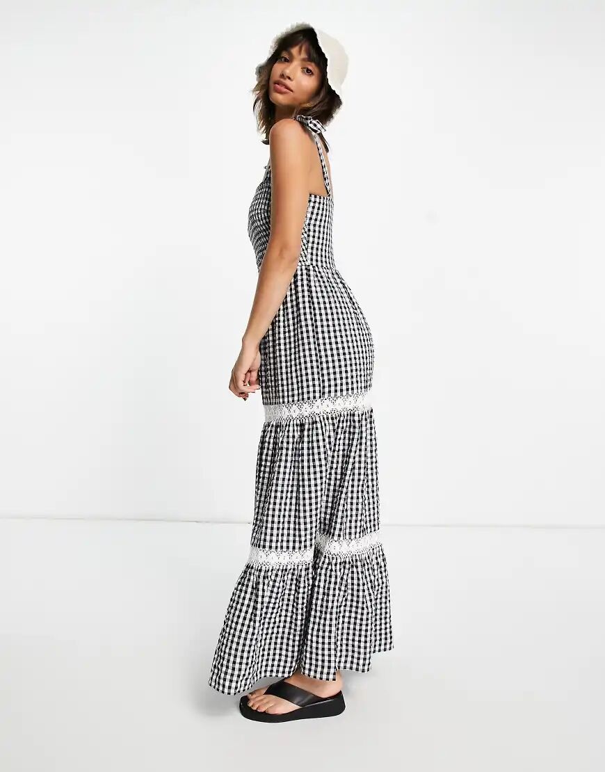 River Island gingham check tiered midi dress in navy  Navy