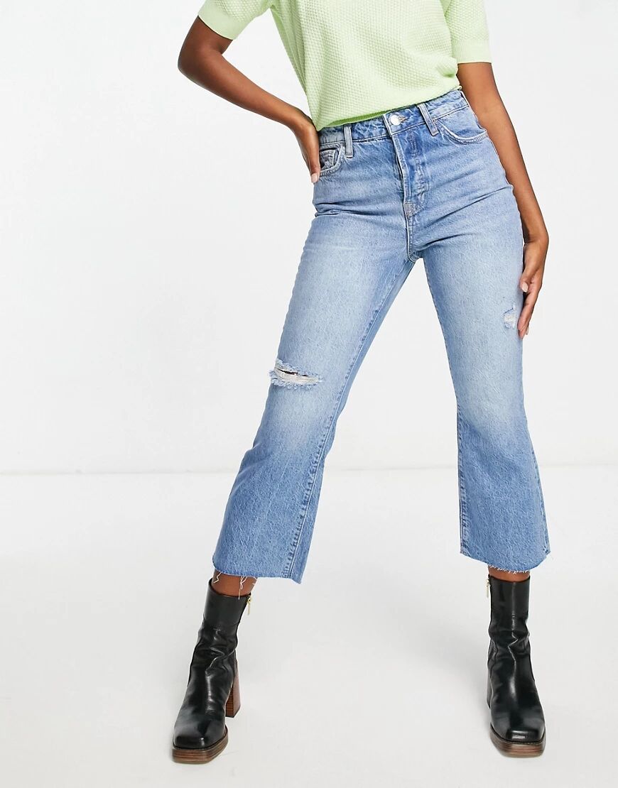 River Island high waisted ripped kick flared jeans in medium blue  Blue
