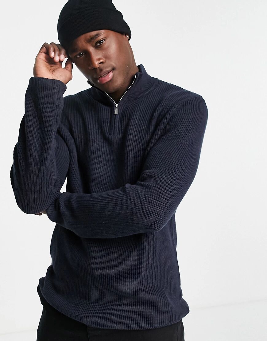 River Island knitted fisherman jumper with funnel neck in navy  Navy