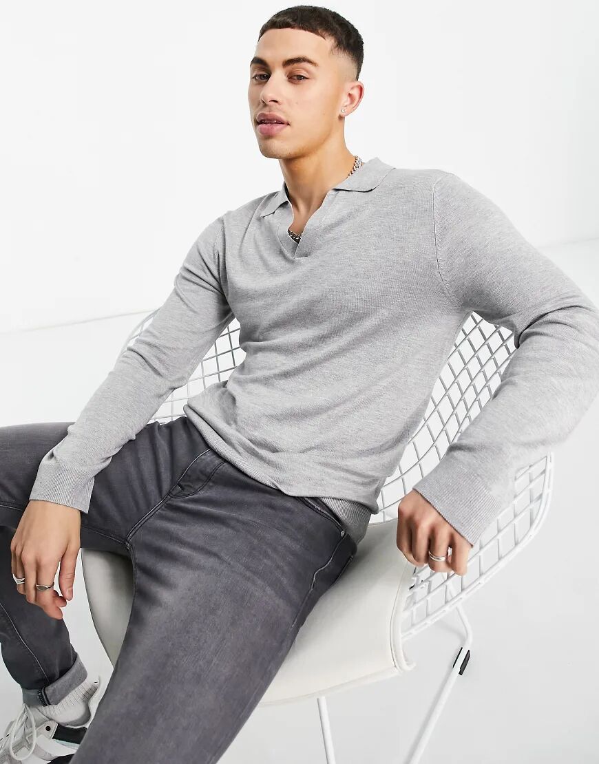 River Island knitted long sleeve polo in grey  Grey