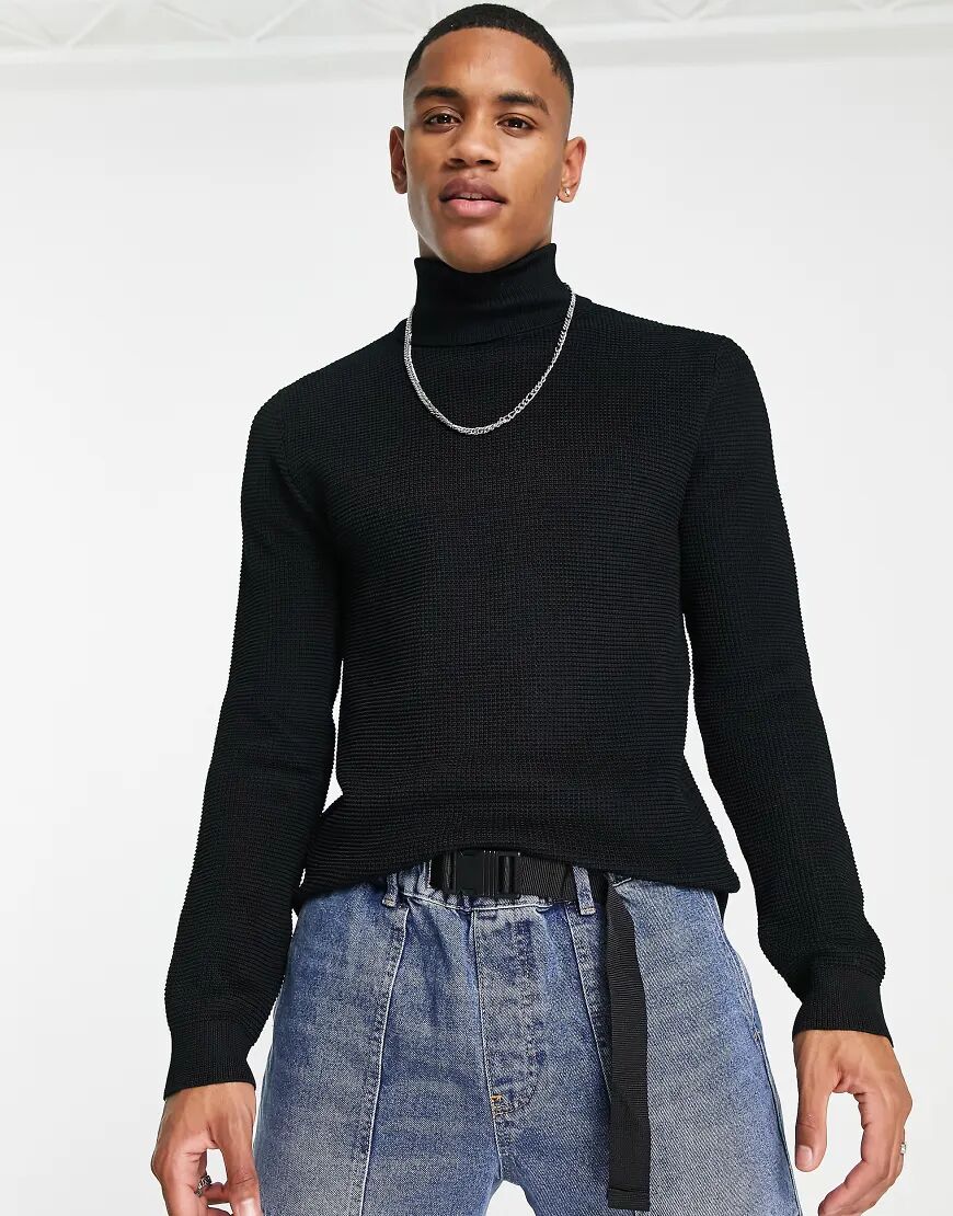 River Island knitted waffle jumper with roll neck in black  Black