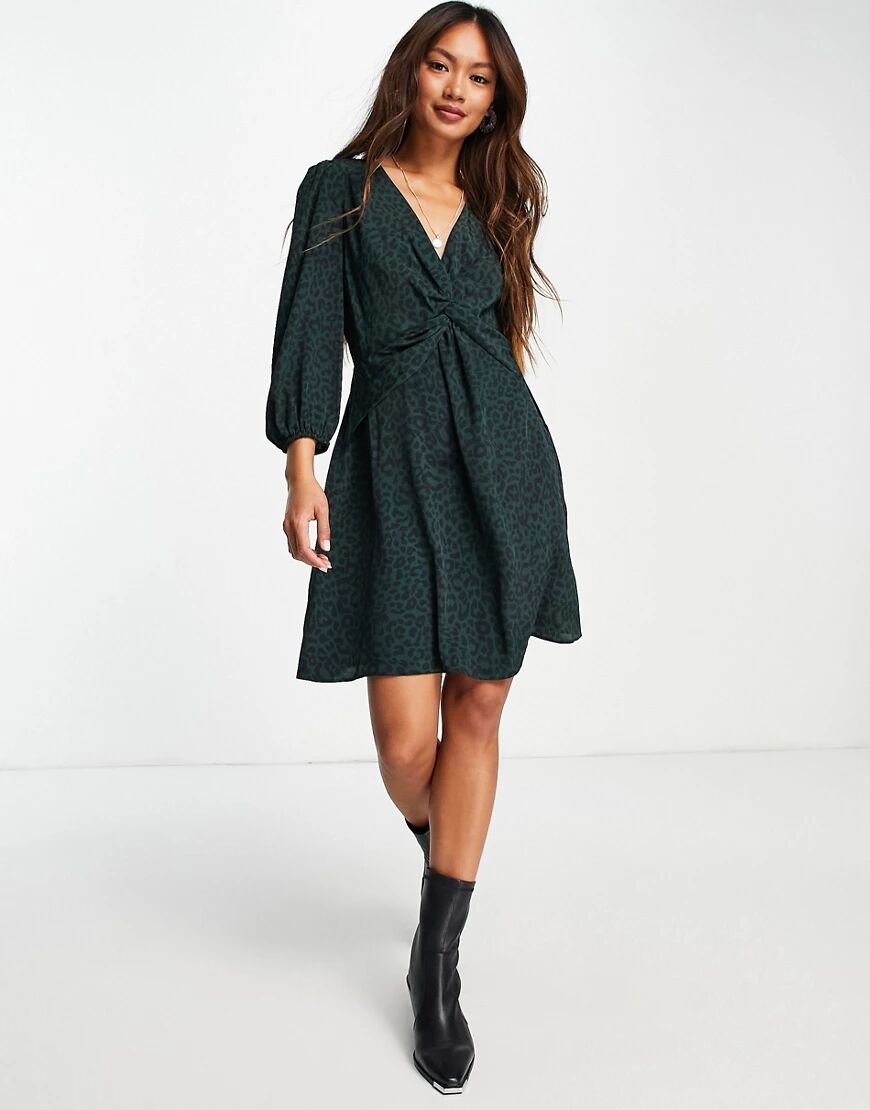 River Island leopard print wrap front mini tea dress in green  Green