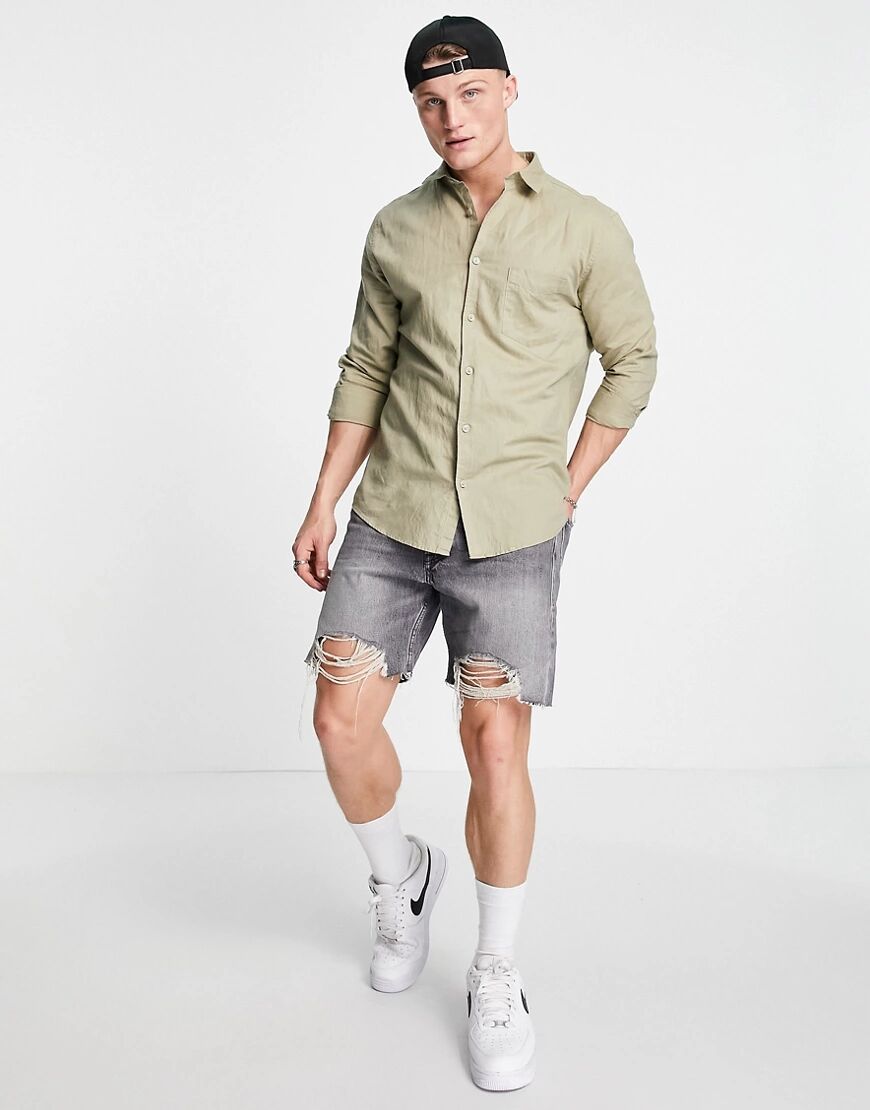 River Island long sleeve linen shirt in green  Green