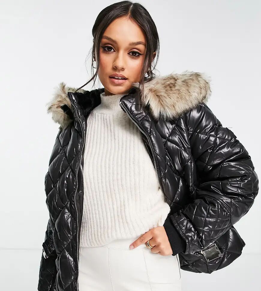 River Island Petite belted patent quilted padded jacket with faux fur hood in black  Black