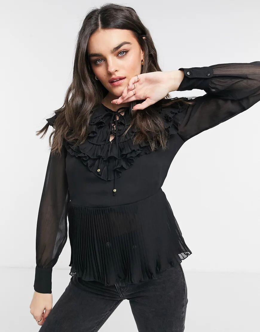 River island plisse tie front ruffle blouse in black  Black