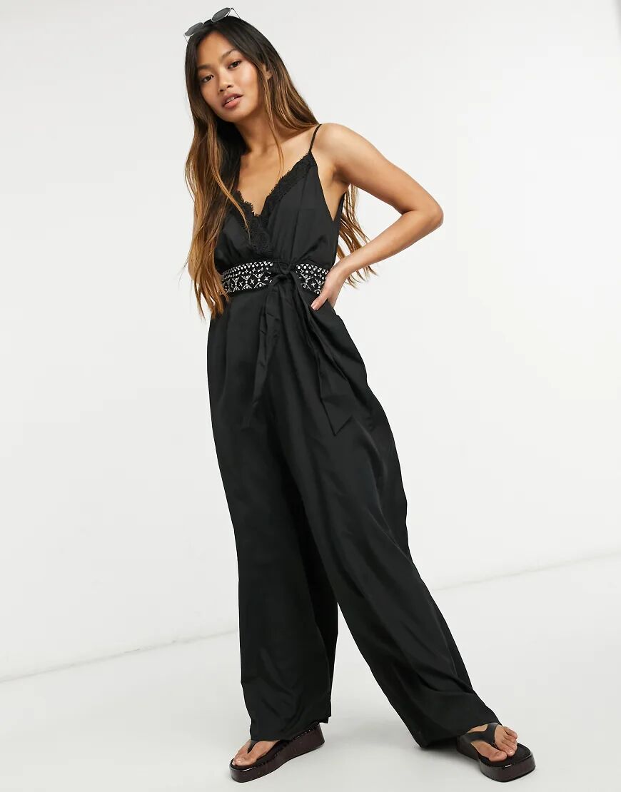 River Island plunge embellished waist jumpsuit in black  Black