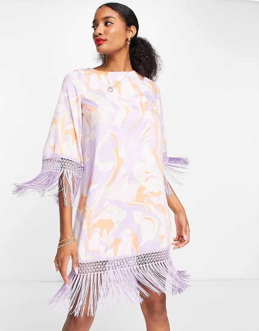 River Island printed shift dress with fringing in pink  Pink