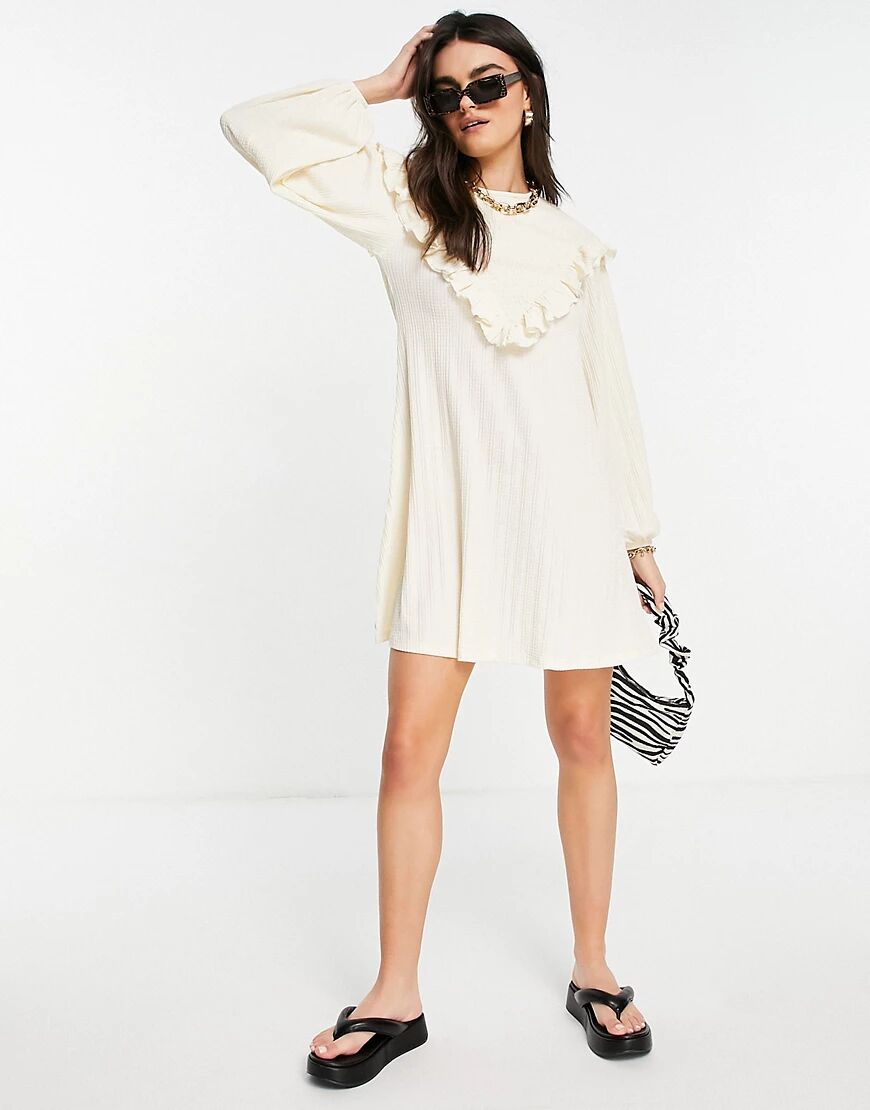 River Island shirred yoke frill mini dress in beige-Neutral  Neutral