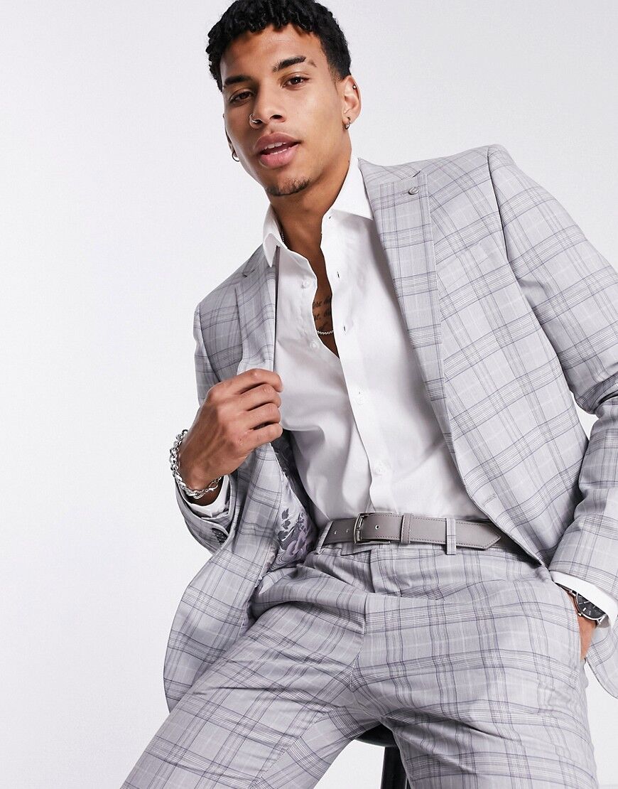 River Island skinny suit jacket in grey check  Grey