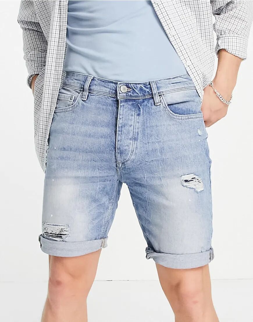 River Island slim denim shorts with rips in mid blue  Blue