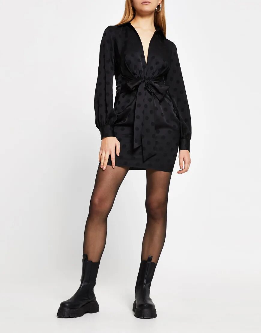 River Island tie front spotted satin mini dress in black  Black