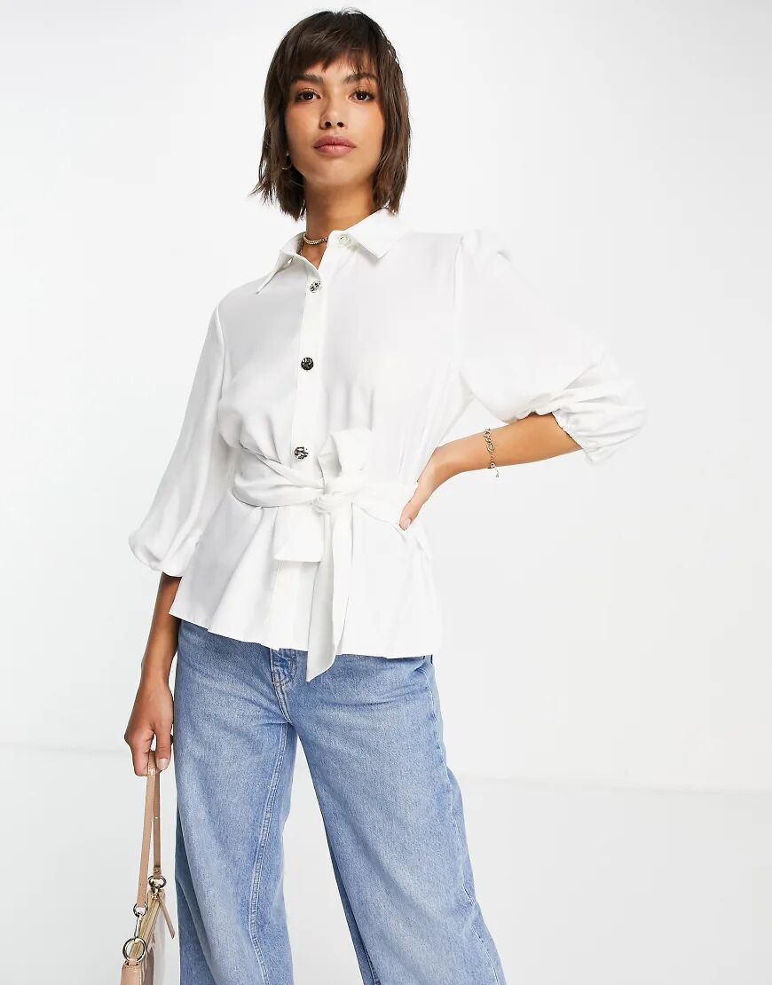 River Island tie waist belted shirt in white  White