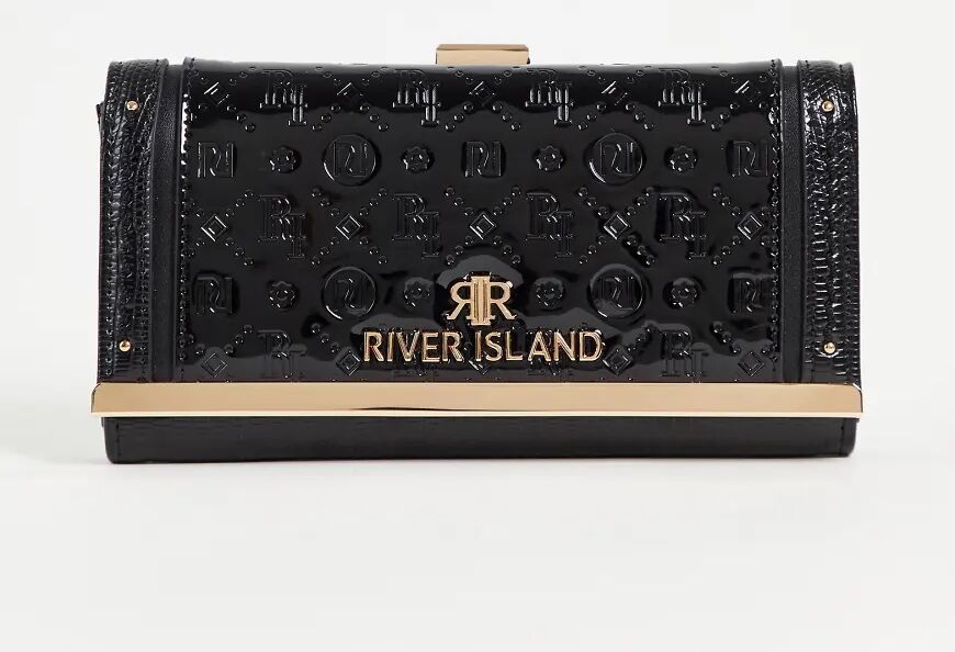 River Island Rivr Island patent embossed monogram cliptop purse in black  Black