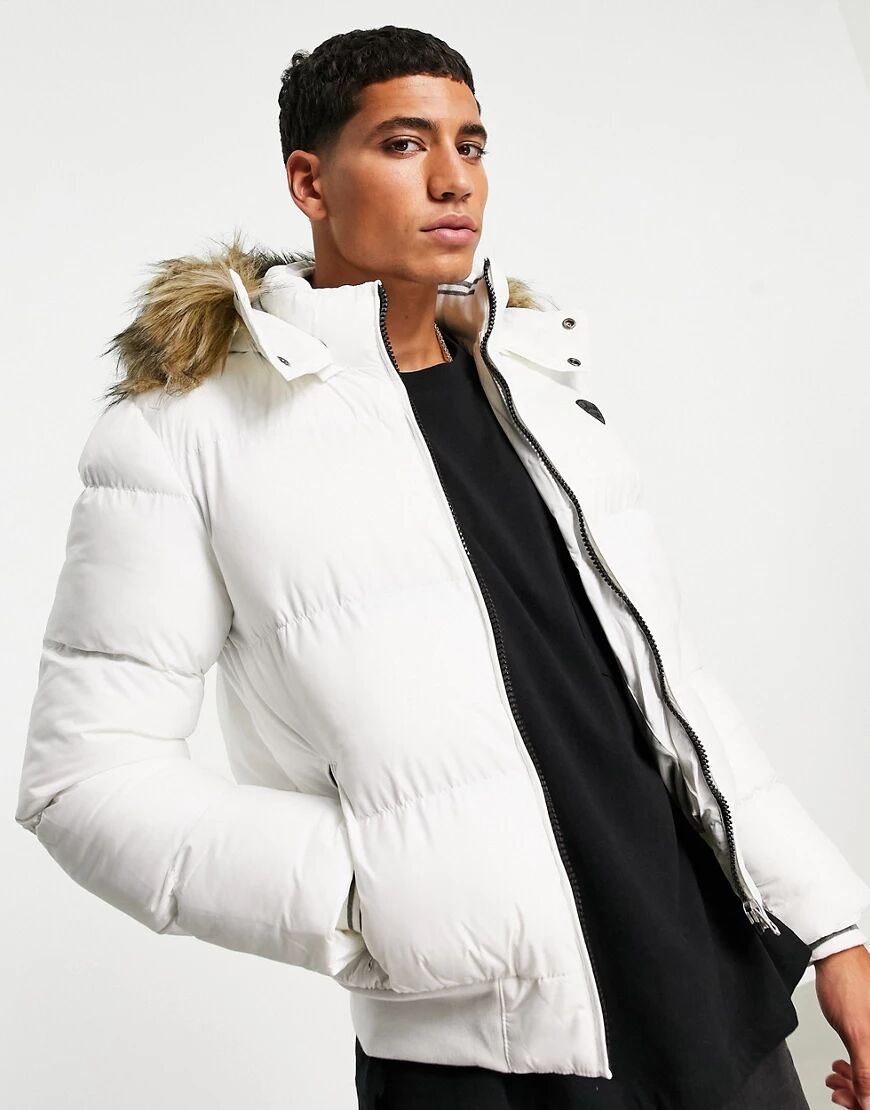 Schott 2108J detatchable faux fur trim hood puffer jacket slim fit in white  White
