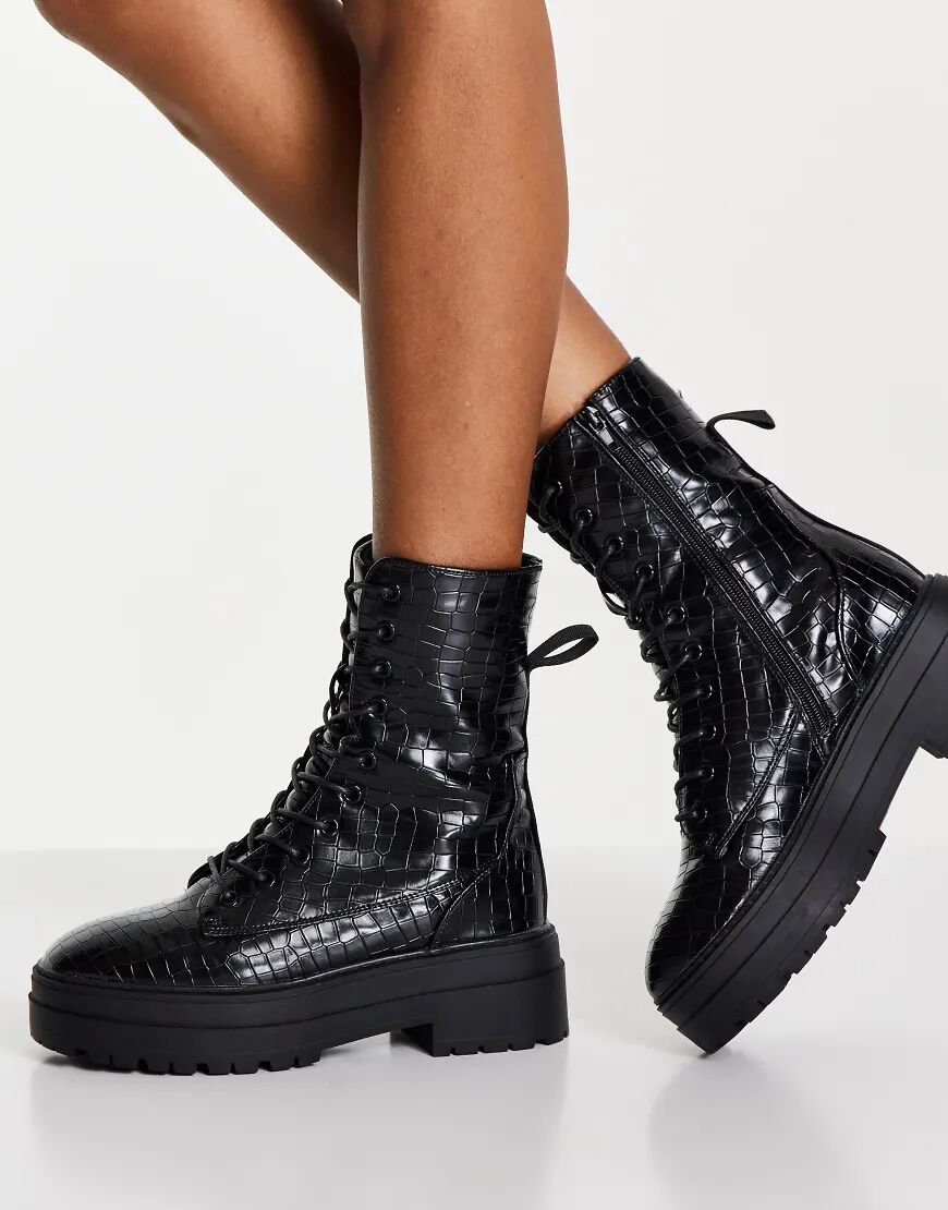 schuh Aileen lace up boot in black croc  Black