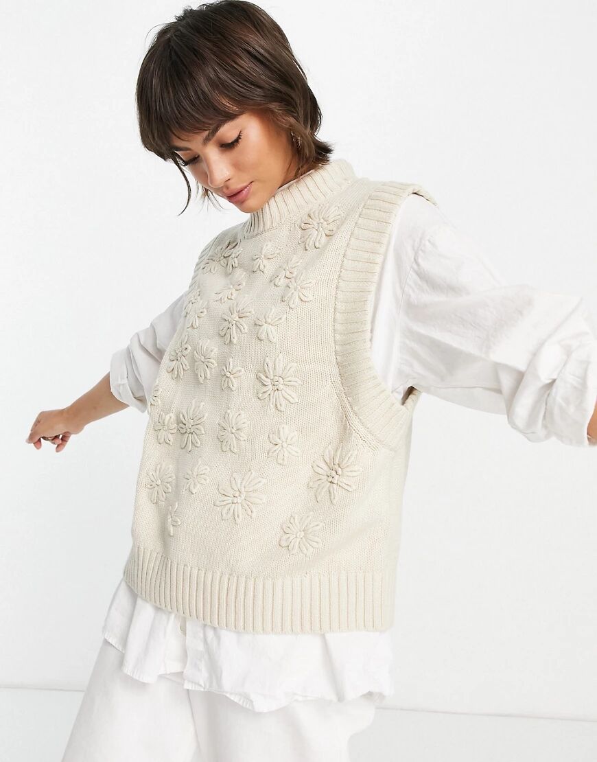 Selected Femme knitted vest with floral crochet detail in cream-White  White