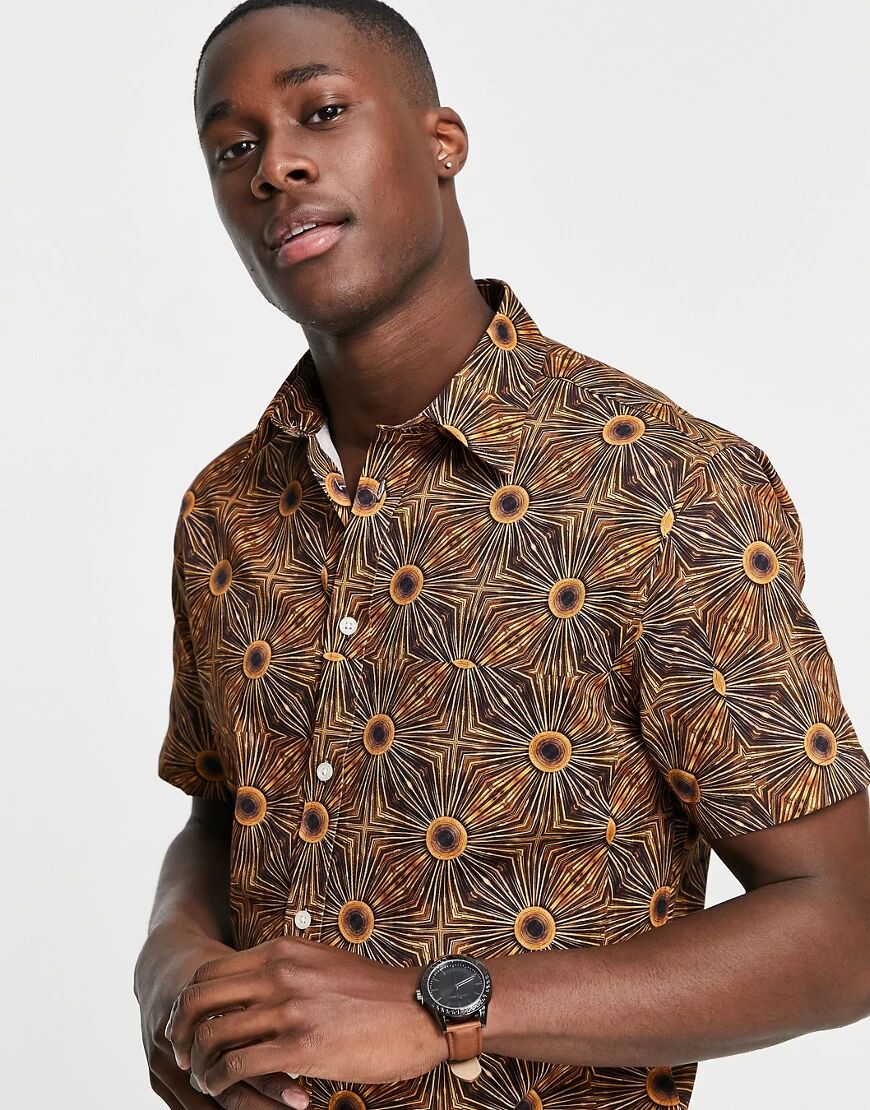 Selected Homme shirt with button collar in retro gold print  Gold