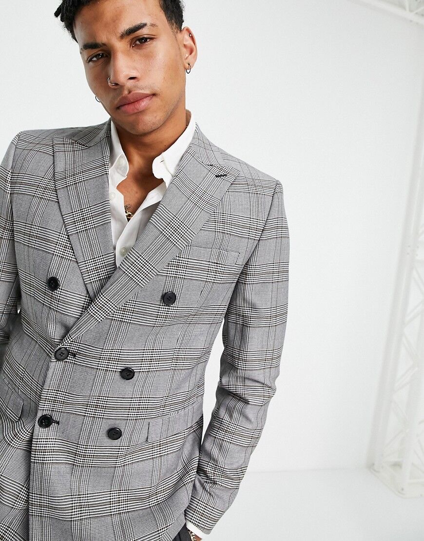 Selected Homme skinny fit suit jacket in white check  White