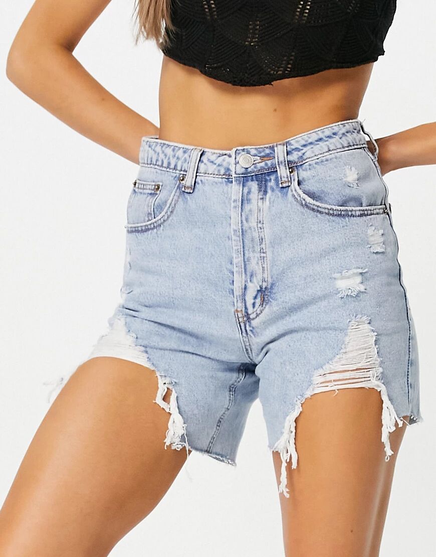 Signature 8 high waisted ripped hem shorts in light wash-Blue  Blue