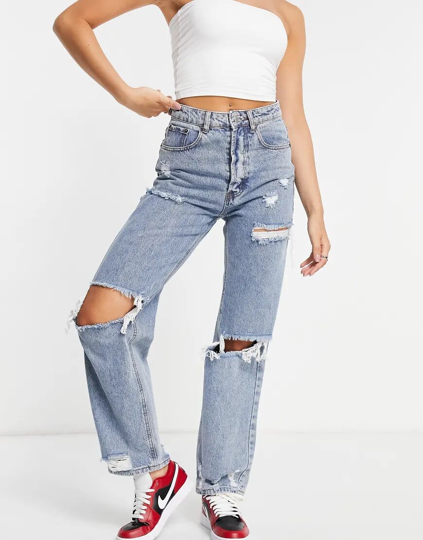 Signature 8 high waisted ripped straight leg jean in mid wash-Blue  Blue