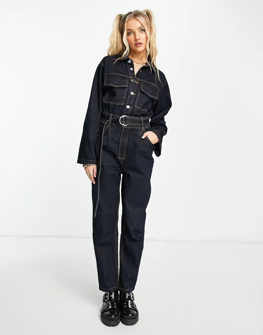 Signature 8 wide sleeve belted denim boilersuit in dark wash-Navy  Navy