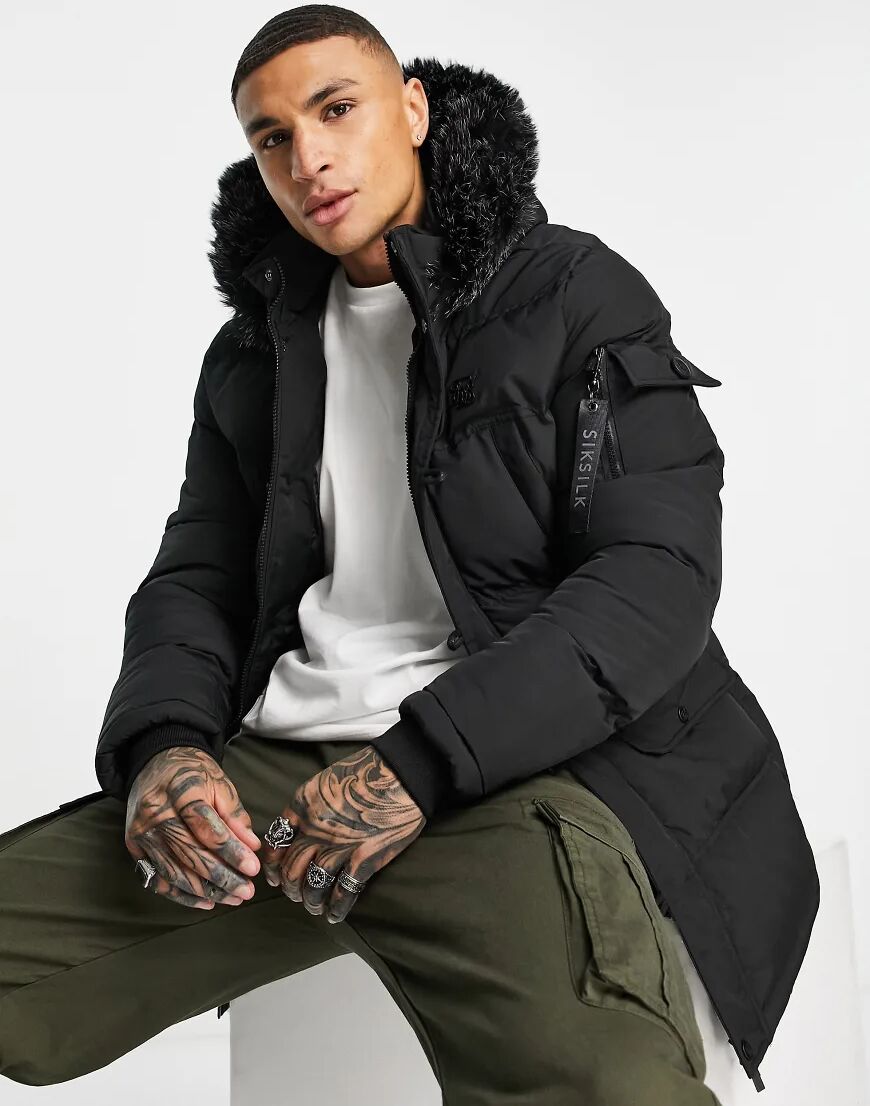 SikSilk puff padded parka with fur hood in black  Black