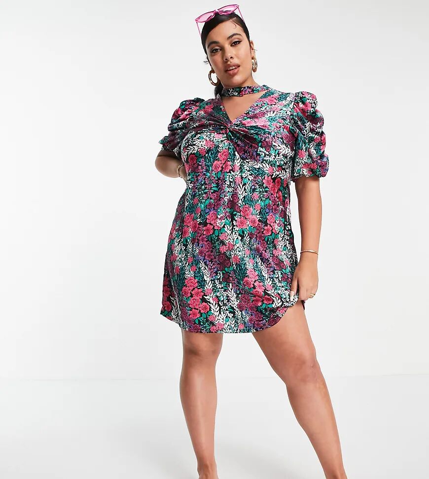 Simply Be satin a line dress with puff sleeves in floral print-Multi  Multi