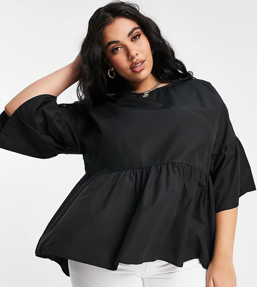 Simply Be smock top with frill sleeves in black  Black