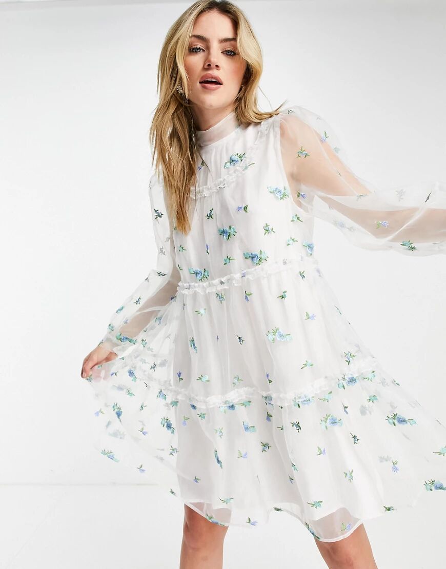 Sister Jane mini smock dress with sheer overlay and embroidered flowers-White  White