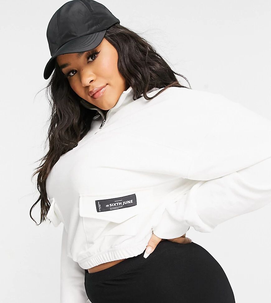 Sixth June Plus cropped funnel neck cargo sweatshirt-White  White