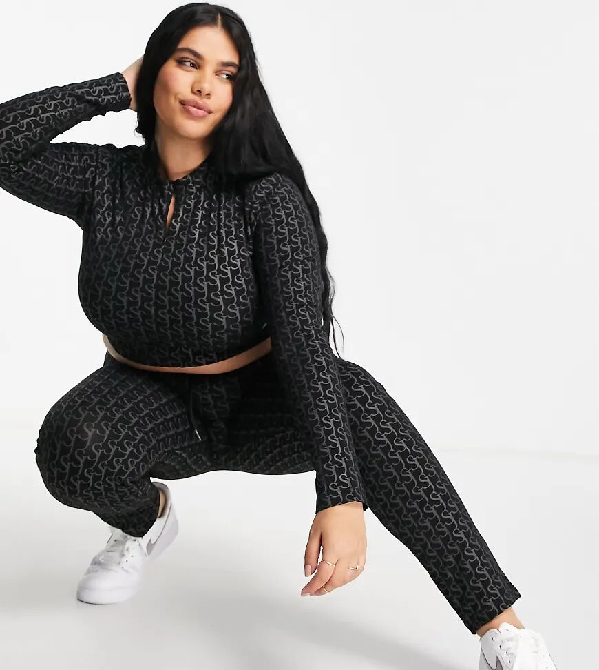 Sixth June Plus lounge high waisted leggings in monochrome logo print co-ord-Black  Black