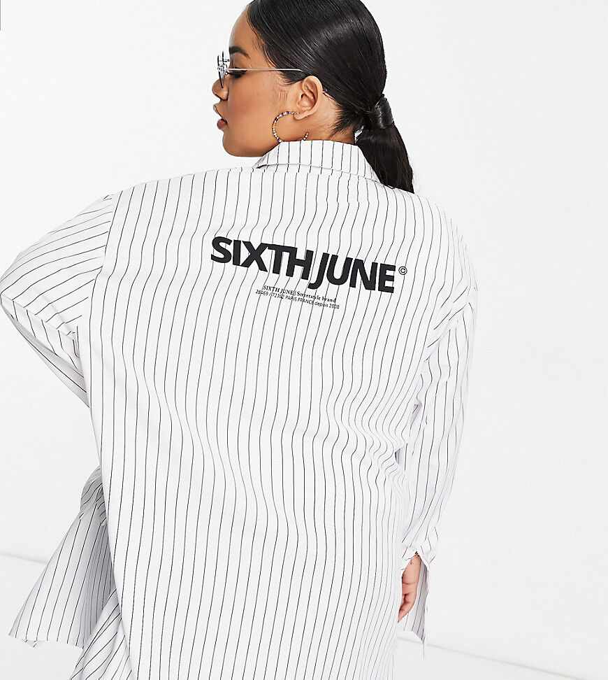 Sixth June Plus oversized shirt with back logo in pinstripe co-ord-Blue  Blue