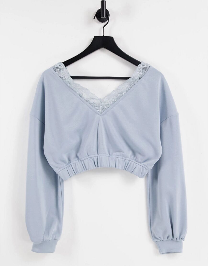 Skylar Rose cropped v-neck lounge sweatshirt with lace trim co-ord-Blue  Blue