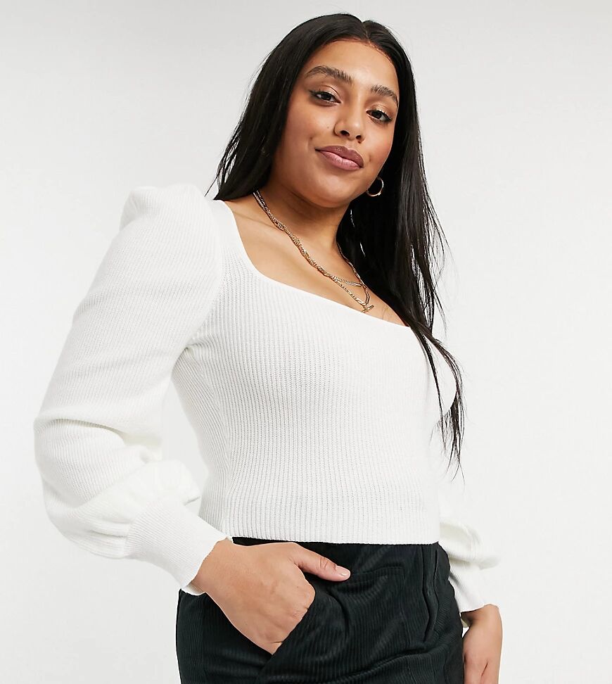 Skylar Rose Plus square neck cropped knit jumper with puff sleeves-White  White