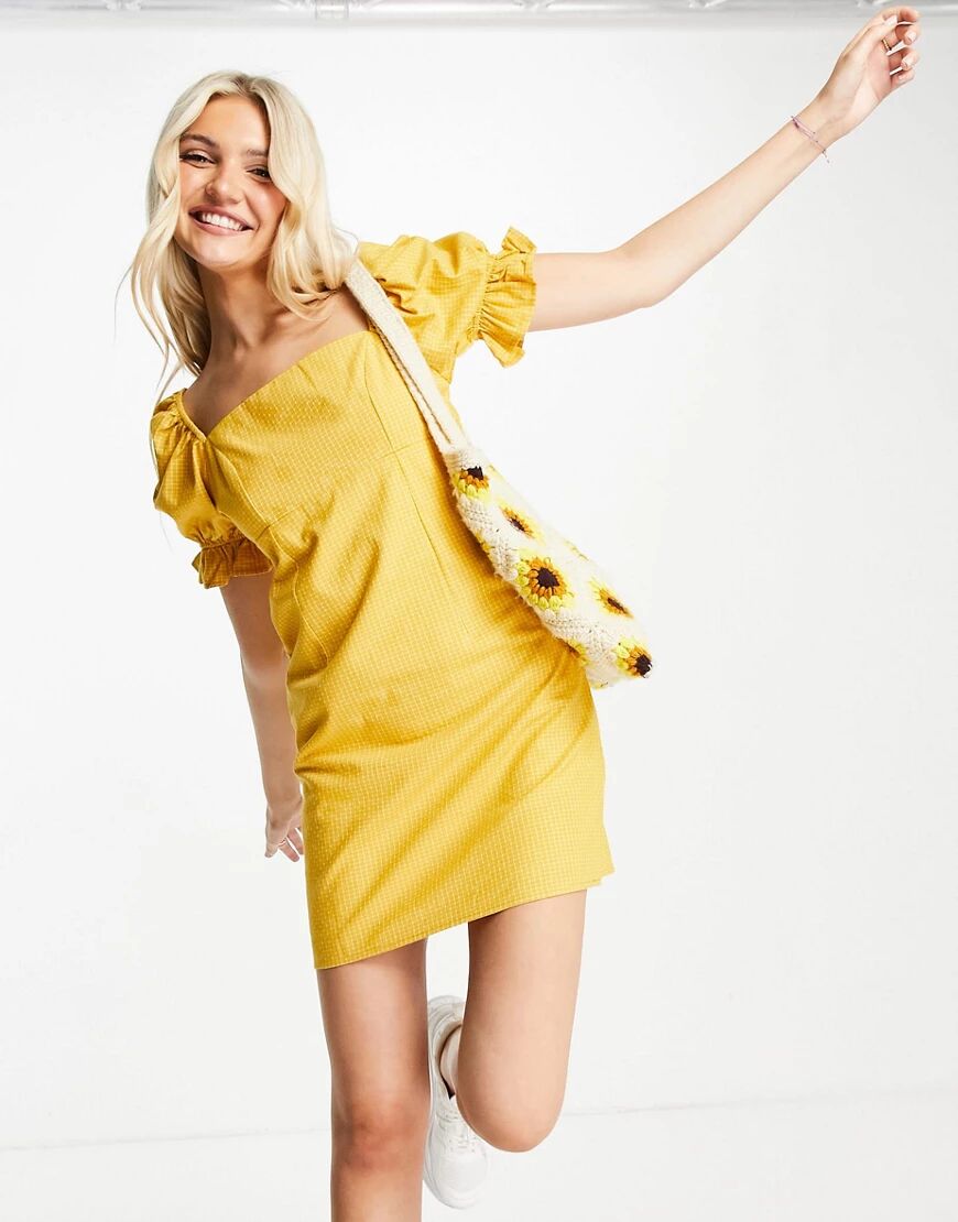 Skylar Rose square neck gingham mini dress with gathered sleeves in yellow  Yellow
