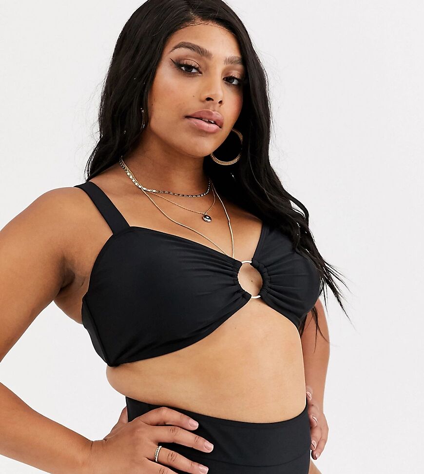 South Beach Curve Exclusive bandeau bikini top with gold ring in black  Black