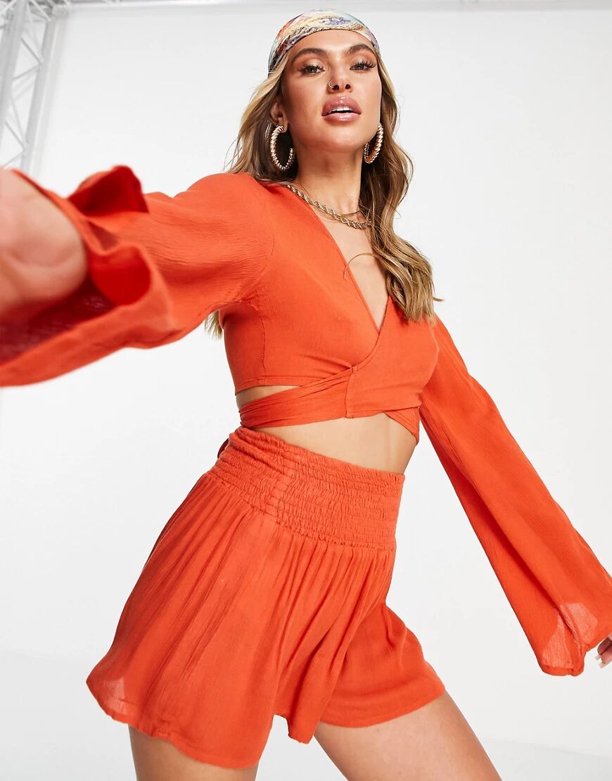 South Beach Viscose crepe front knot top with shirred waist shorts-Orange  Orange