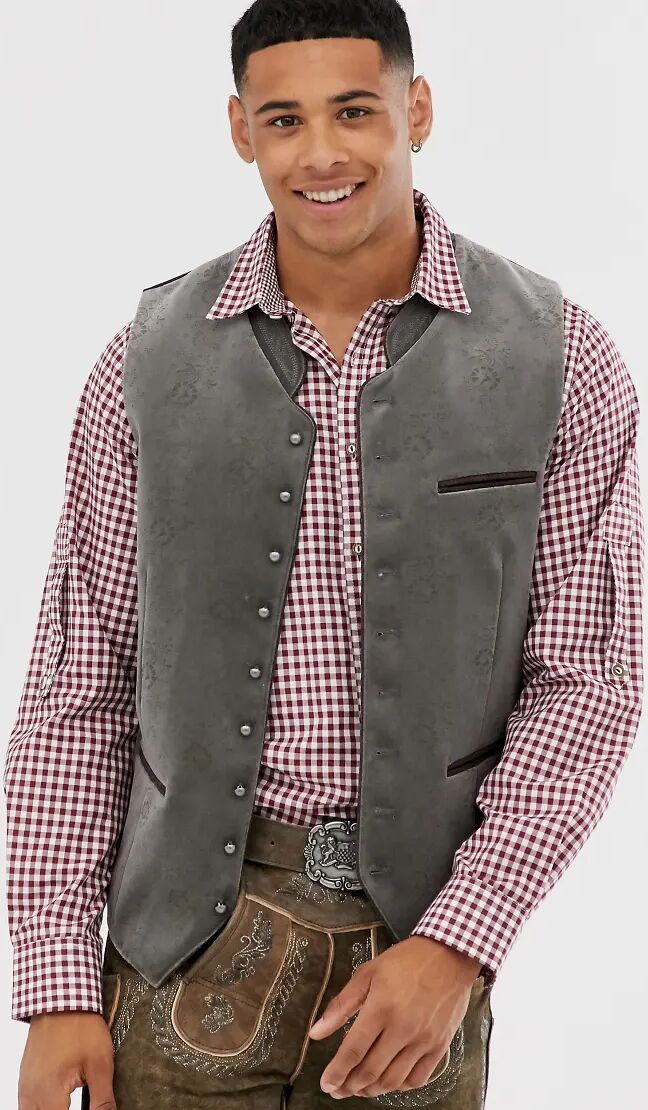 Stockerpoint Oktoberfest velvet vest with ornamental print-Grey  Grey