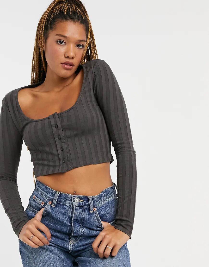 Stradivarius cropped ribbed cardigan in grey  Grey