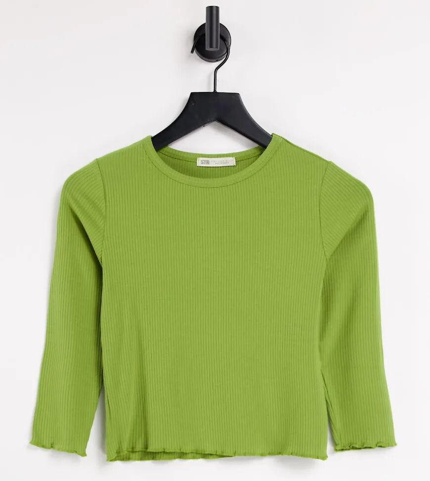 Stradivarius long sleeve lettuce edge top in olive green  Green