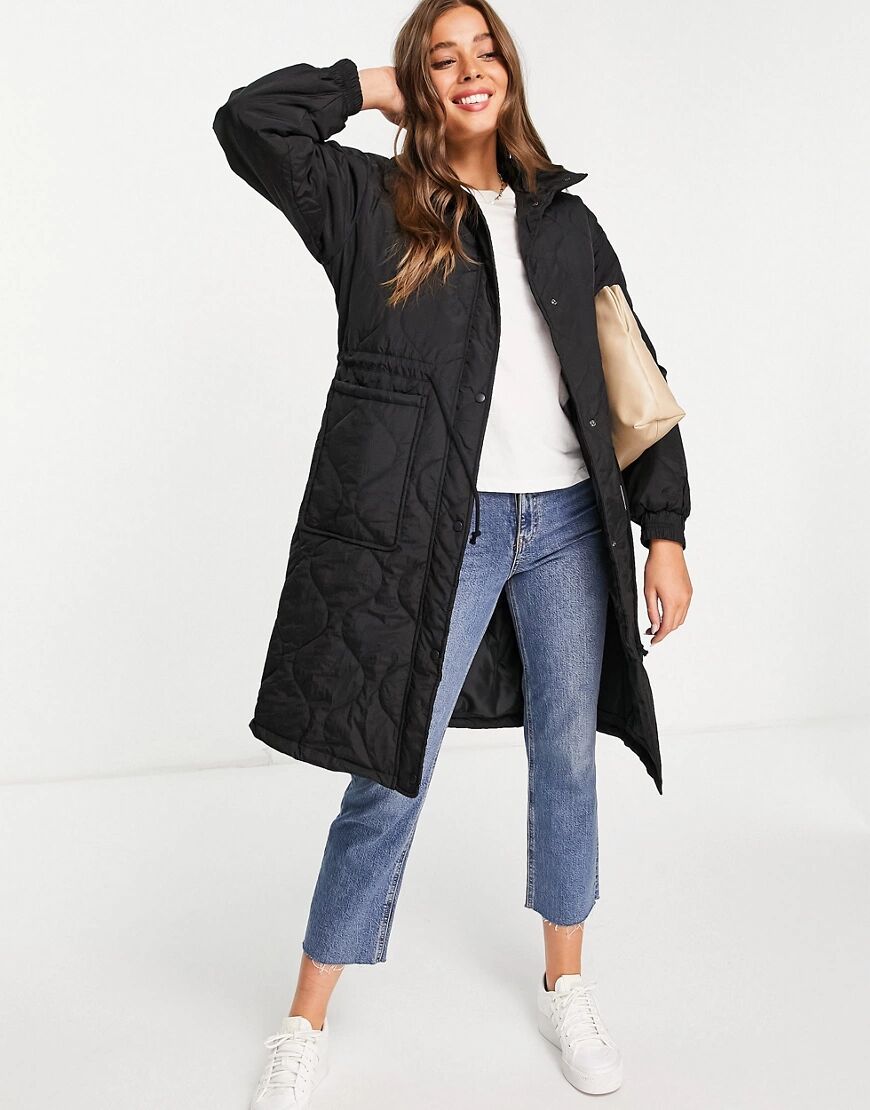 Stradivarius longline quilted jacket in black  Black