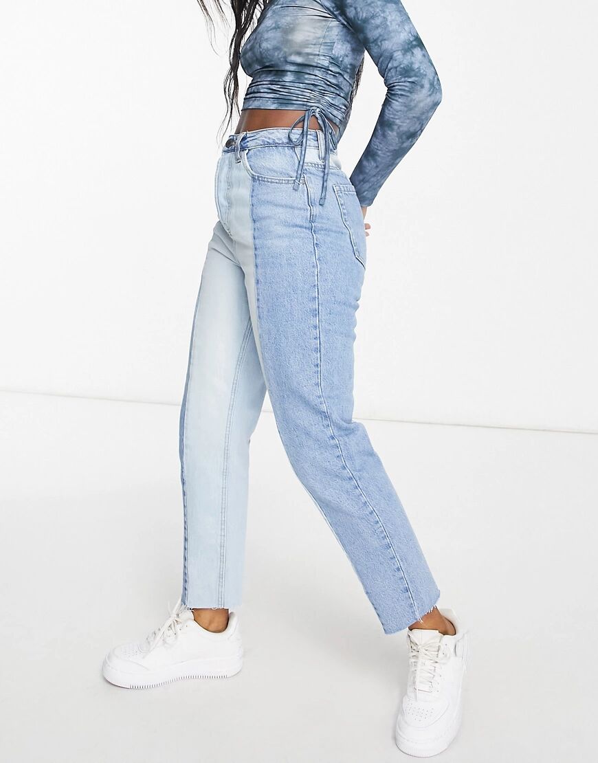 Stradivarius straight leg contrast two tone jeans with raw hem in blue  Blue