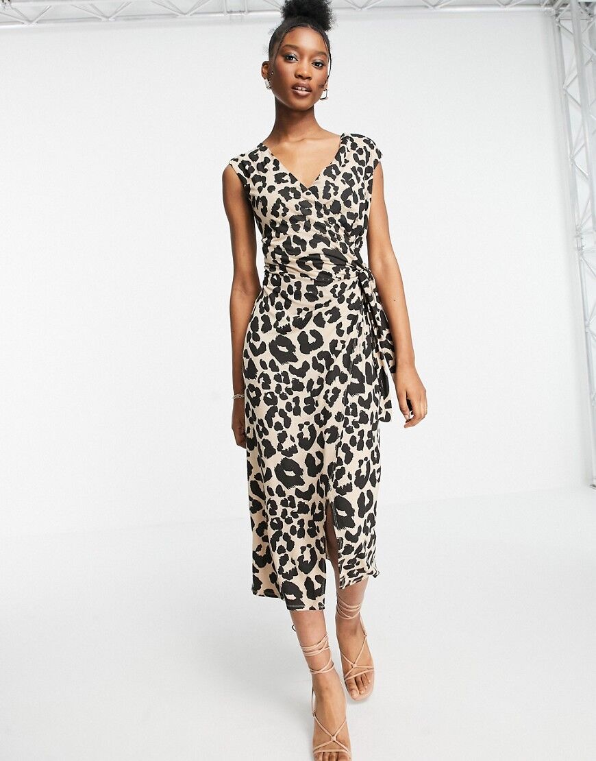 Style Cheat short sleeve jersey wrap midi dress in beige leopard-Neutral  Neutral