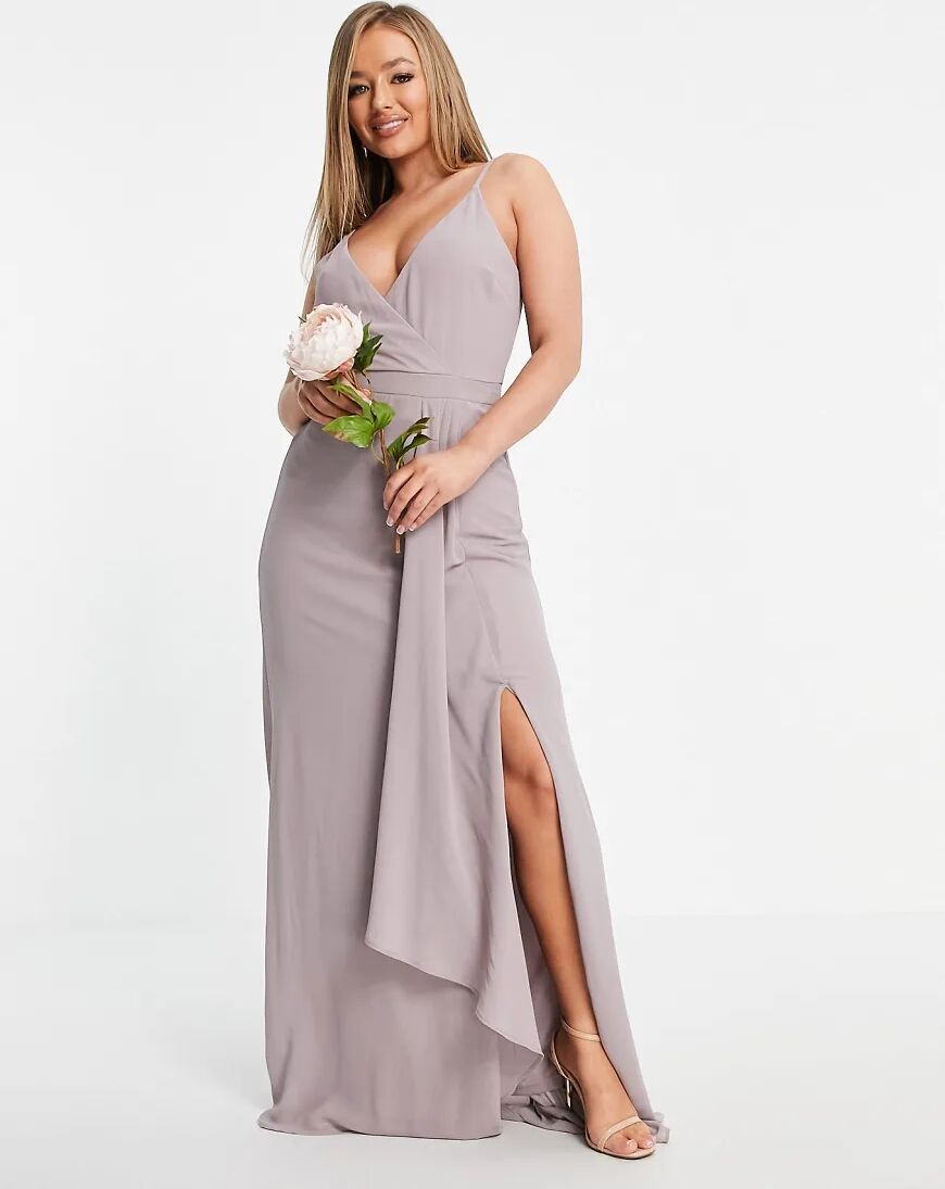 TFNC Bridesmaid cami wrap maxi dress with fishtail in light grey  Grey