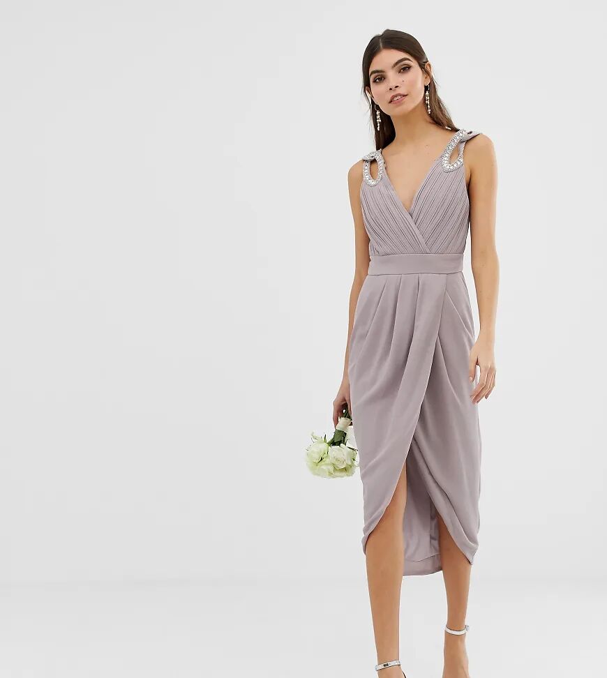 TFNC bridesmaid exclusive wrap midi dress with embellished shoulder in grey  Grey