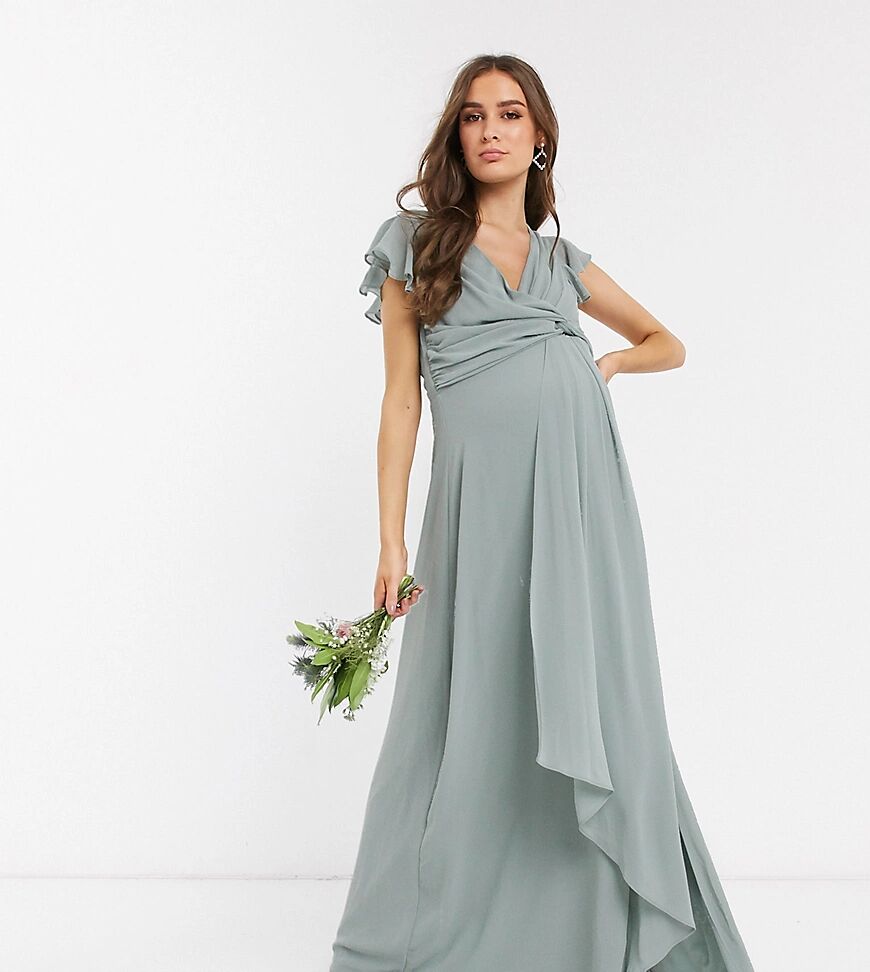 TFNC Maternity bridesmaid flutter sleeve ruffle detail maxi dress in sage-Green  Green